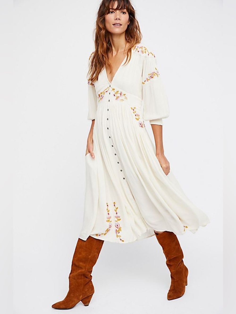 Free People Day Glow Midi Floral Embroidered Cream Dress